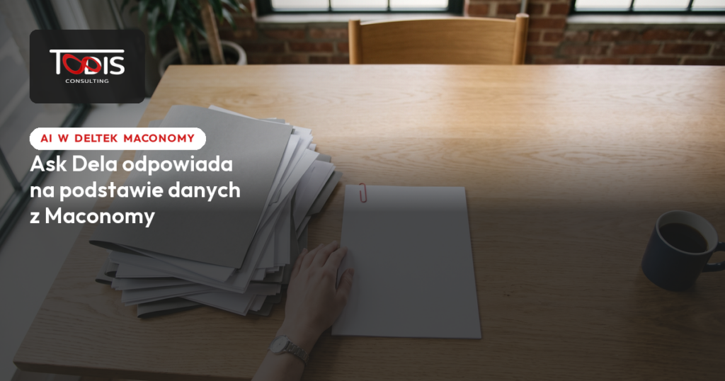 Stos teczek z dokumentami i jedna czysta kartka z czerwonym spinaczem na biurku - AI w Deltek Maconomy