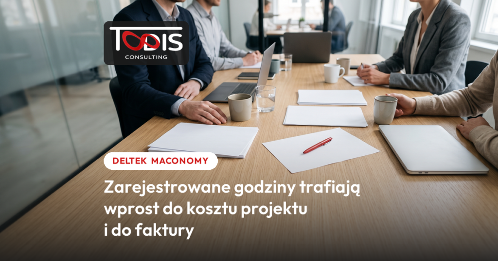 Zespół przy stole konferencyjnym z dokumentami i laptopami - Deltek Maconomy, system ERP, w którym godziny pracy trafiają do kosztu projektu i do faktury