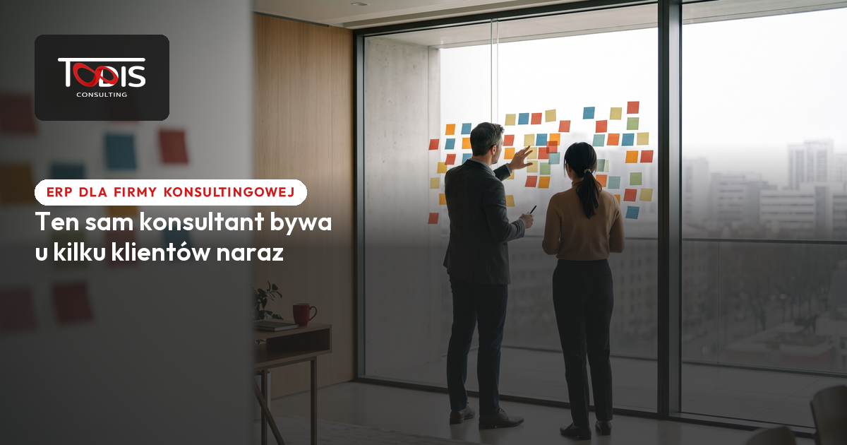 Dwoje konsultantów planuje projekt przy oknie z karteczkami - ERP dla firmy konsultingowej