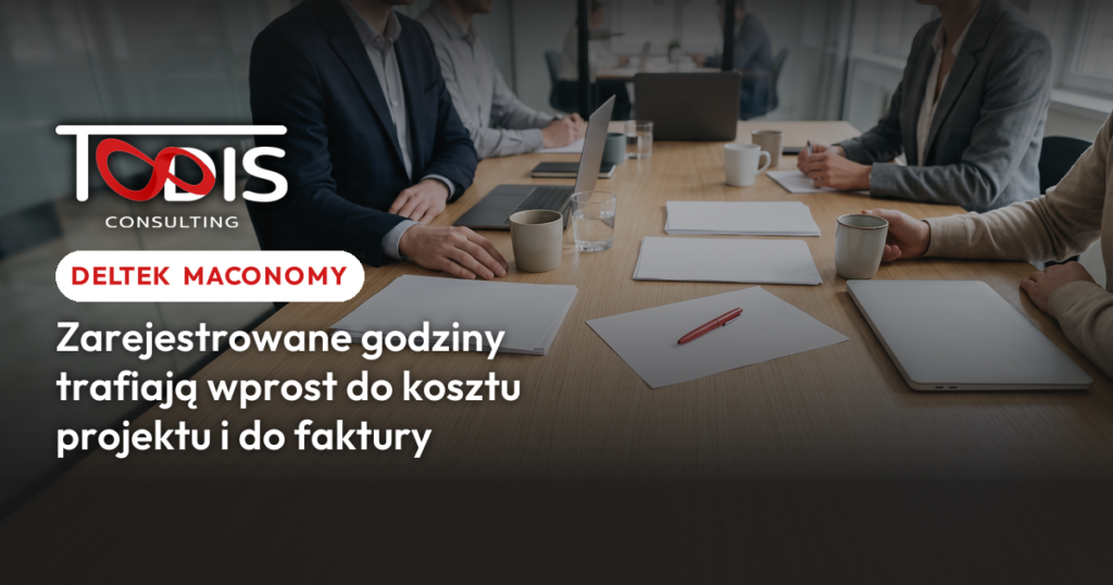 Zespół przy stole konferencyjnym z dokumentami i laptopami - Deltek Maconomy, system ERP, w którym godziny pracy trafiają do kosztu projektu i do faktury