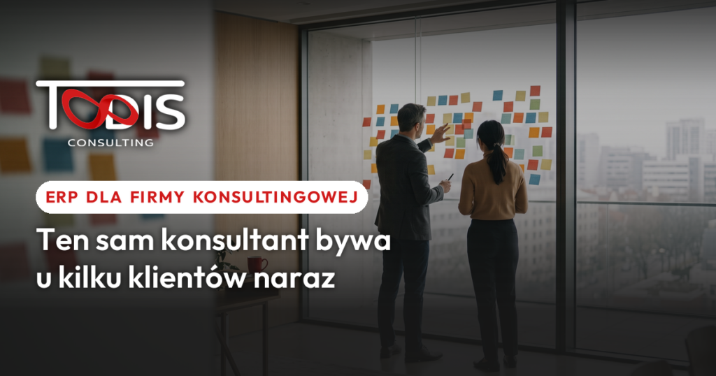 Dwoje konsultantów planuje projekt przy oknie z karteczkami - ERP dla firmy konsultingowej