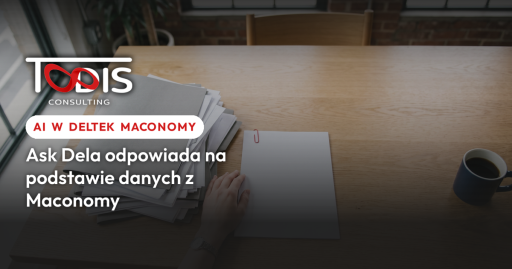 Stos teczek z dokumentami i jedna czysta kartka z czerwonym spinaczem na biurku - AI w Deltek Maconomy