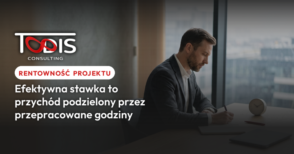 Konsultant robi notatki przy stole, obok zegar biurkowy i zamknięty laptop, napis: Efektywna stawka to przychód podzielony przez przepracowane godziny. Todis Consulting.