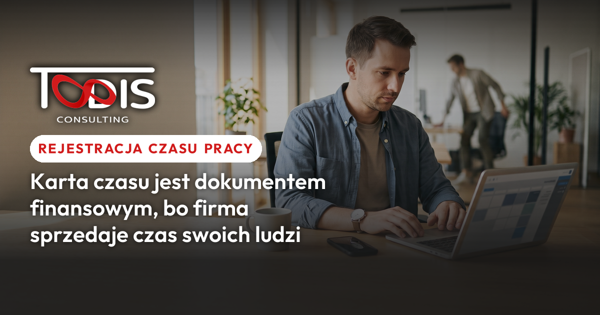 Konsultant wypełnia kartę czasu na laptopie w biurze - rejestracja czasu pracy w projektach, z której firma liczy koszt projektu i fakturę