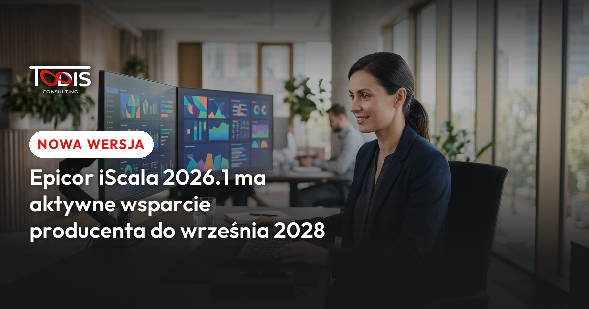 Specjalistka finansowa pracuje przy dwóch monitorach z wykresami w biurze - ilustracja nowej wersji Epicor iScala 2026.1