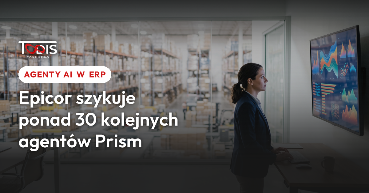 Kierowniczka operacji analizuje dane na monitorze, w tle magazyn - ilustracja agentów AI Epicor Prism w ERP
