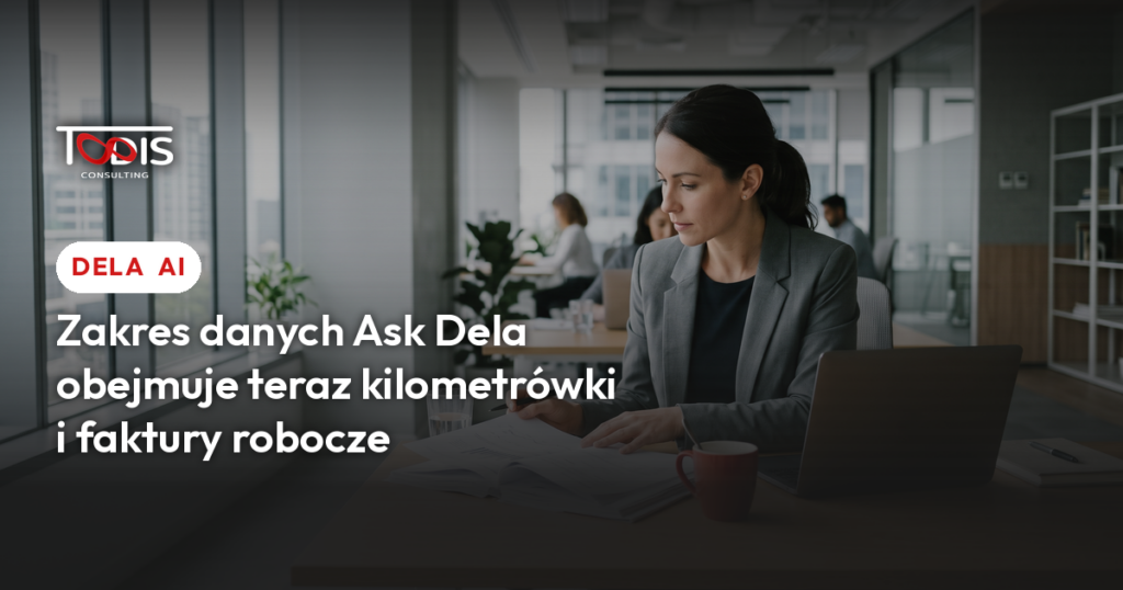 Specjalistka przegląda dokumenty projektu przy biurku w biurze - ilustracja nowej wersji Deltek Maconomy i asystenta Ask Dela
